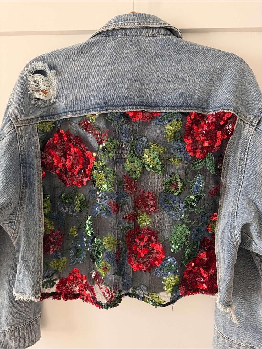 Blue Cropped Distressed Denim Jacket with Sequin Back